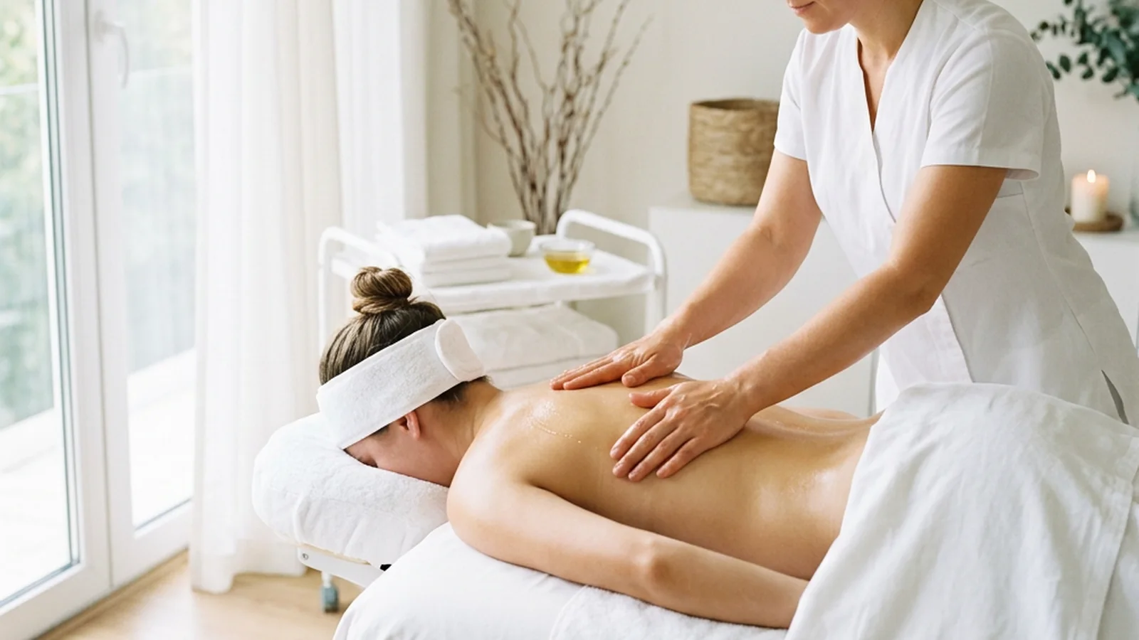 A guest lying still on a massage table in low, warm candlelight