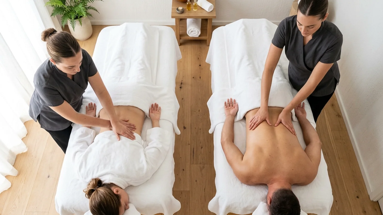 Two guests on side-by-side massage tables seen from above, two therapists working at once