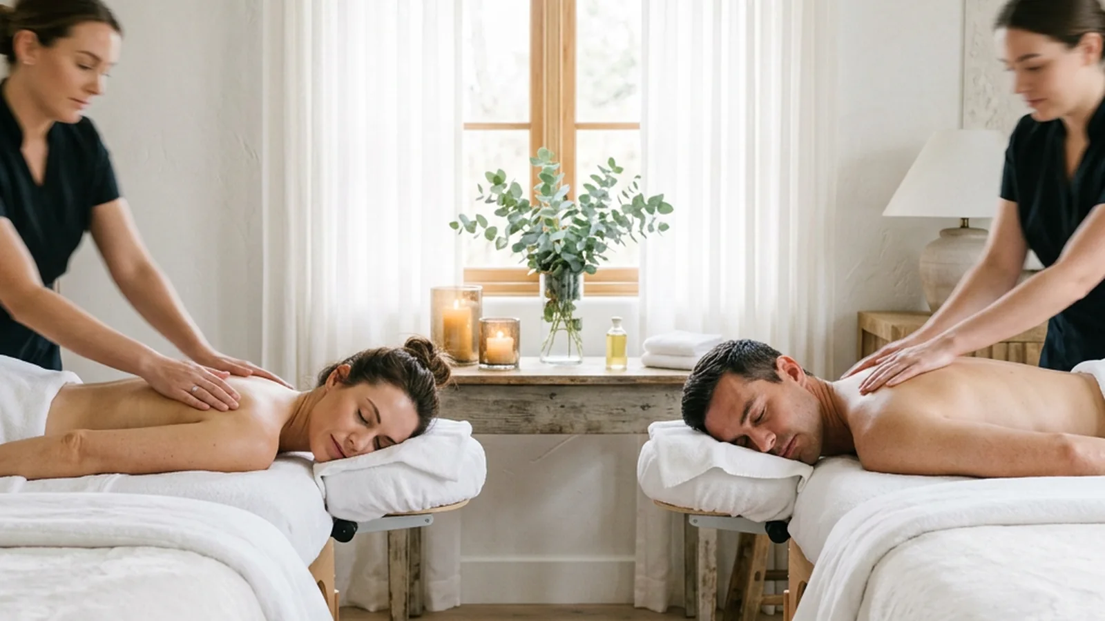 Two guests receiving massages side by side on adjacent tables in a calm room
