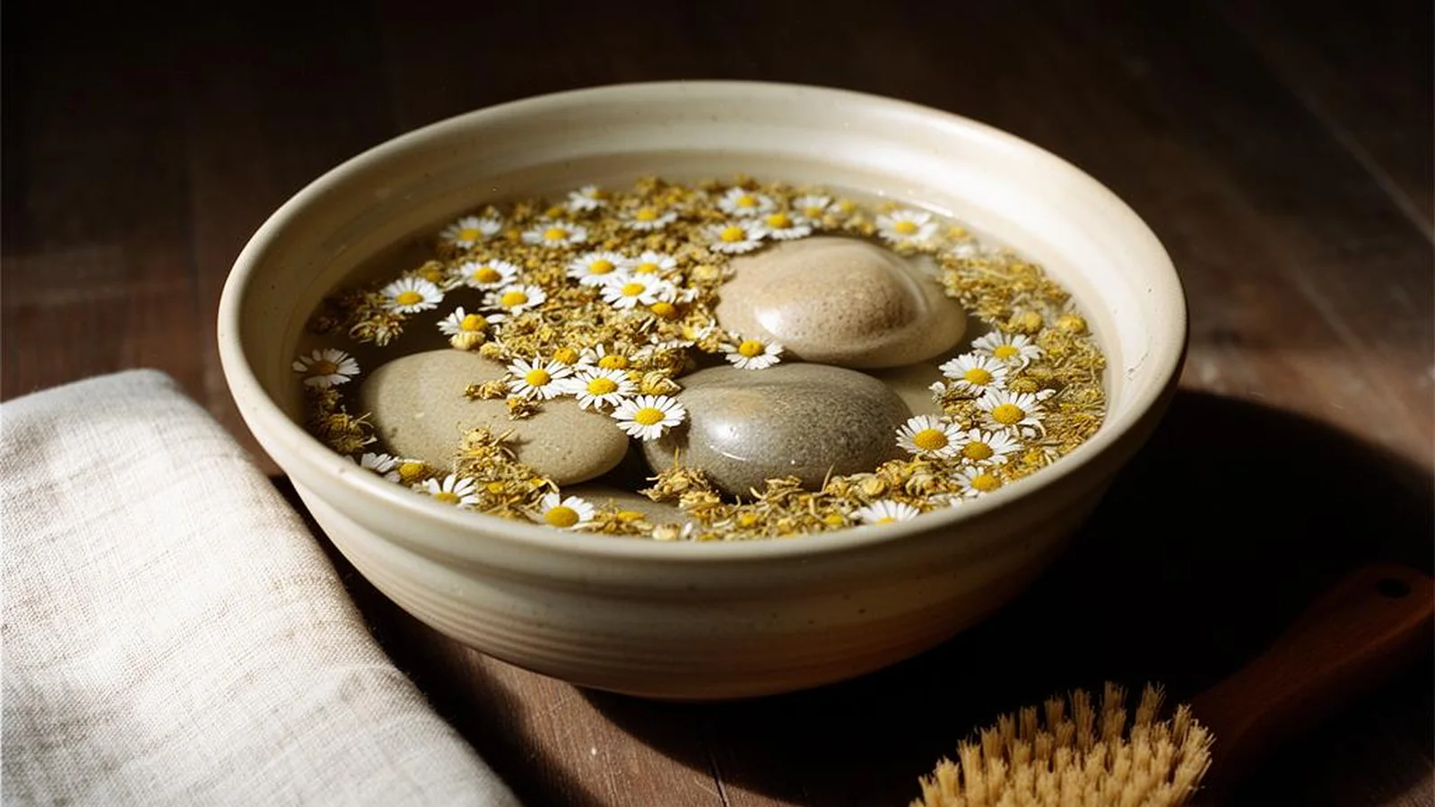 A warm foot soak with floating flowers beside a rolled towel and a wooden brush