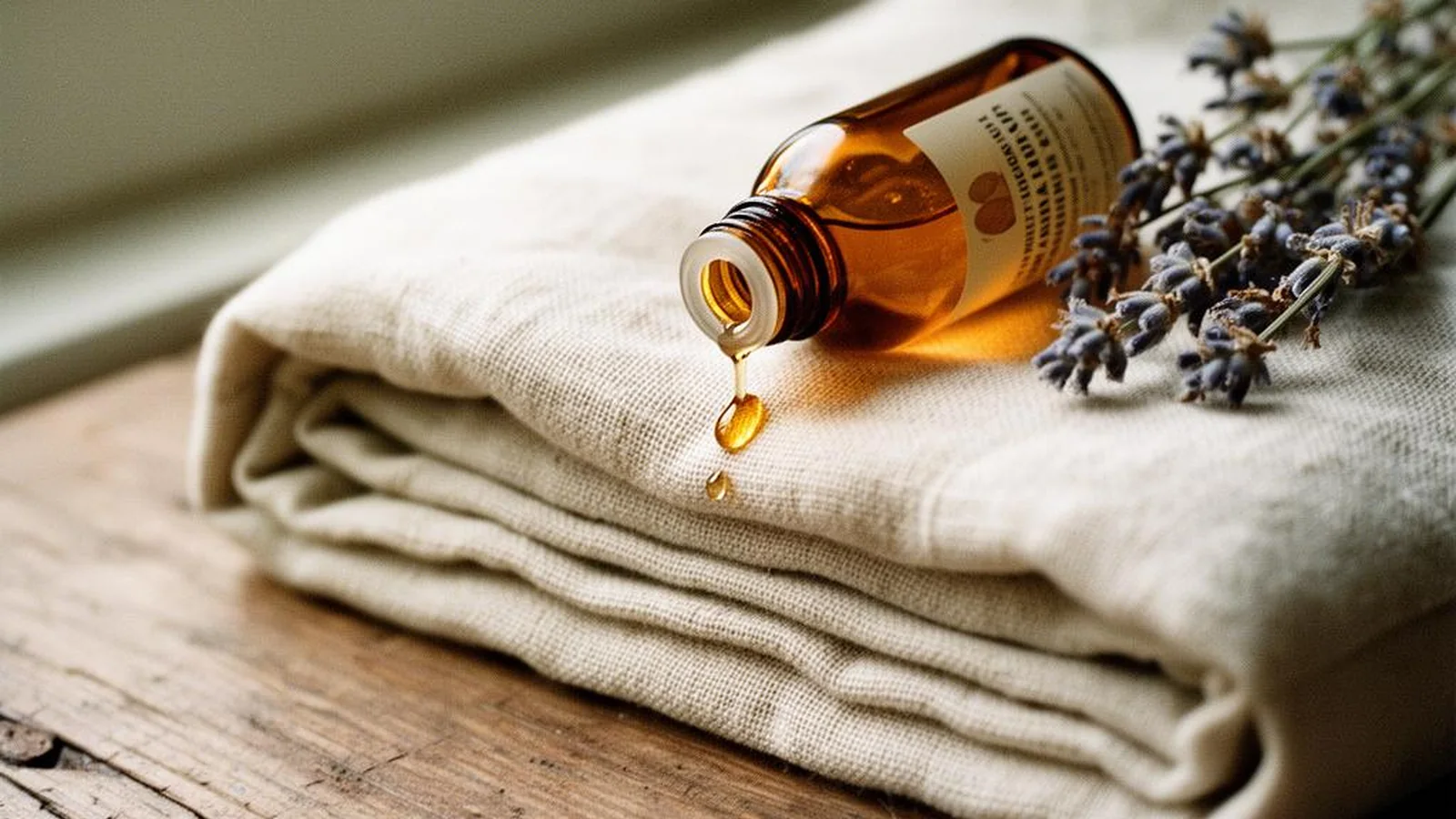 Massage oil poured over folded linen beside a sprig of dried lavender