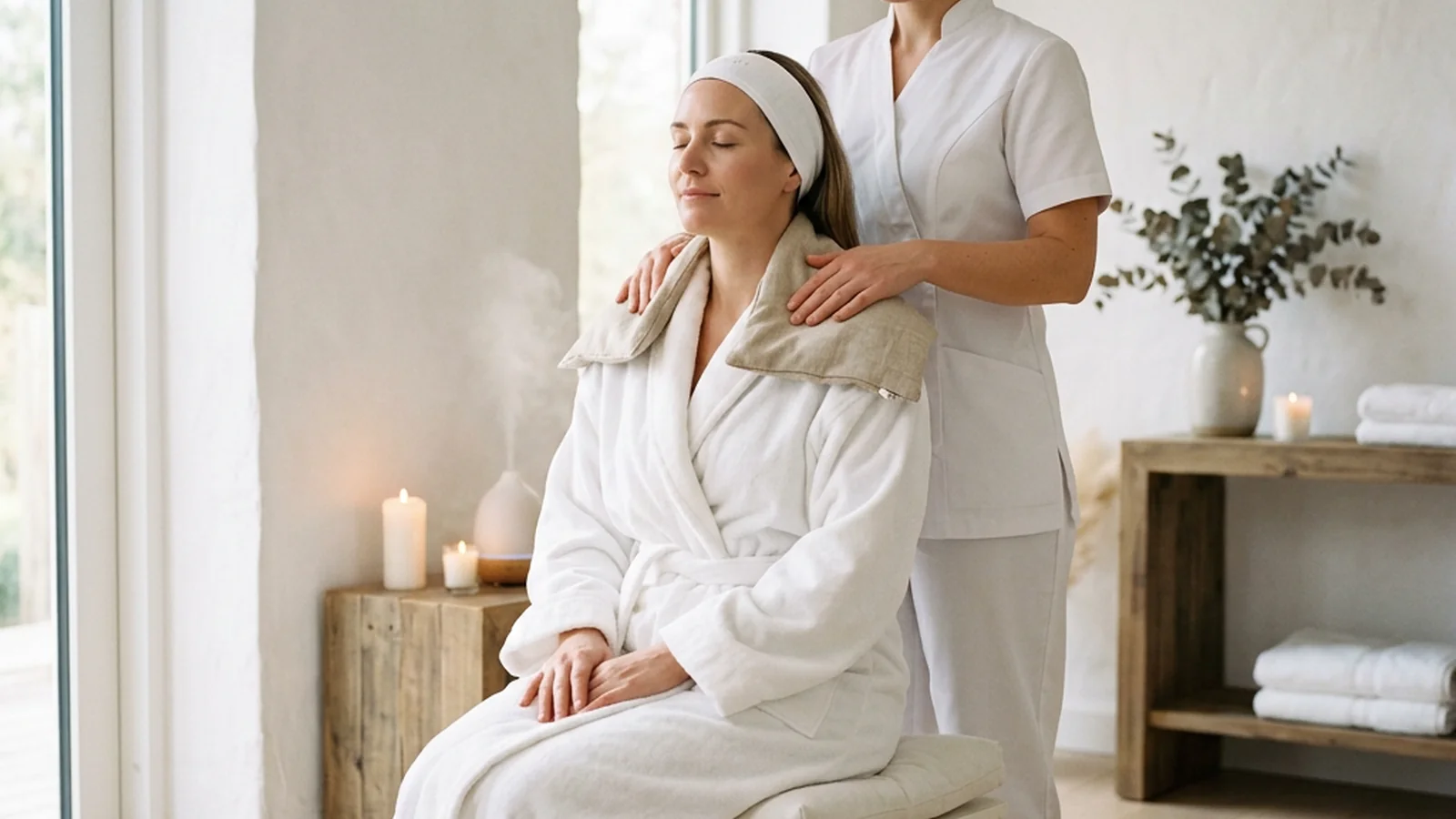 A therapist working steadily across a guest's shoulder and upper back during a full-body session