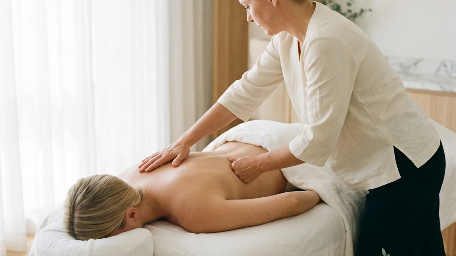 A therapist's hands working steadily across a guest's shoulder blade