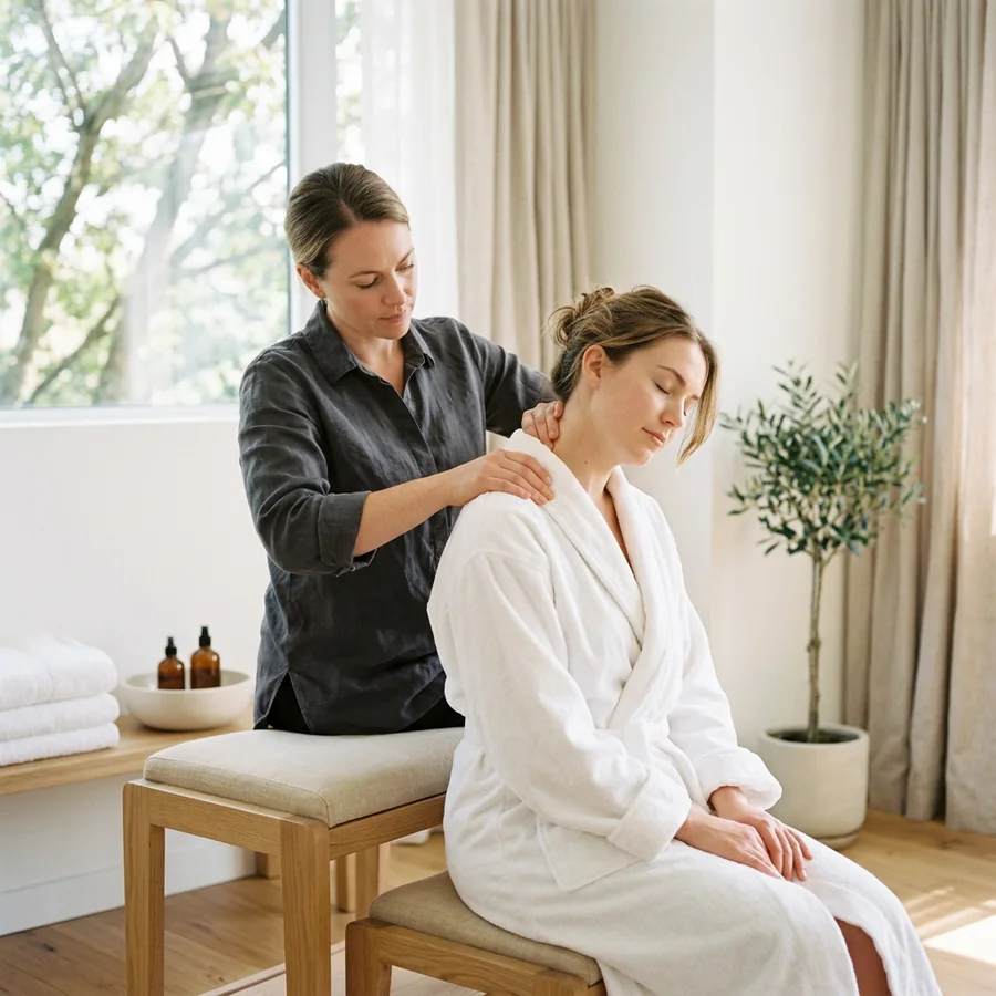 A seated guest in a robe having the neck and shoulders worked by a therapist standing behind the chair