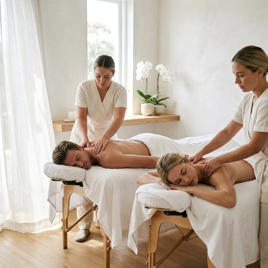 Two guests receiving massages on side-by-side tables in a calm couples room