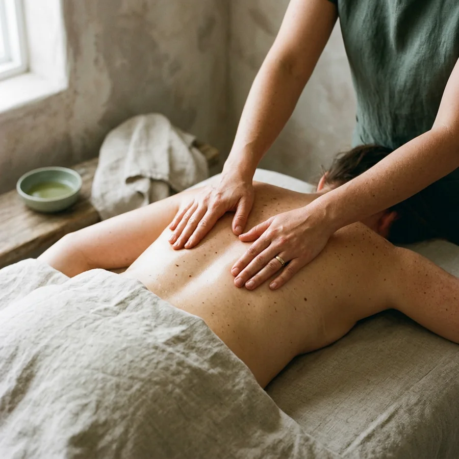 Therapist applying slow, firm deep tissue pressure to a guest's upper back