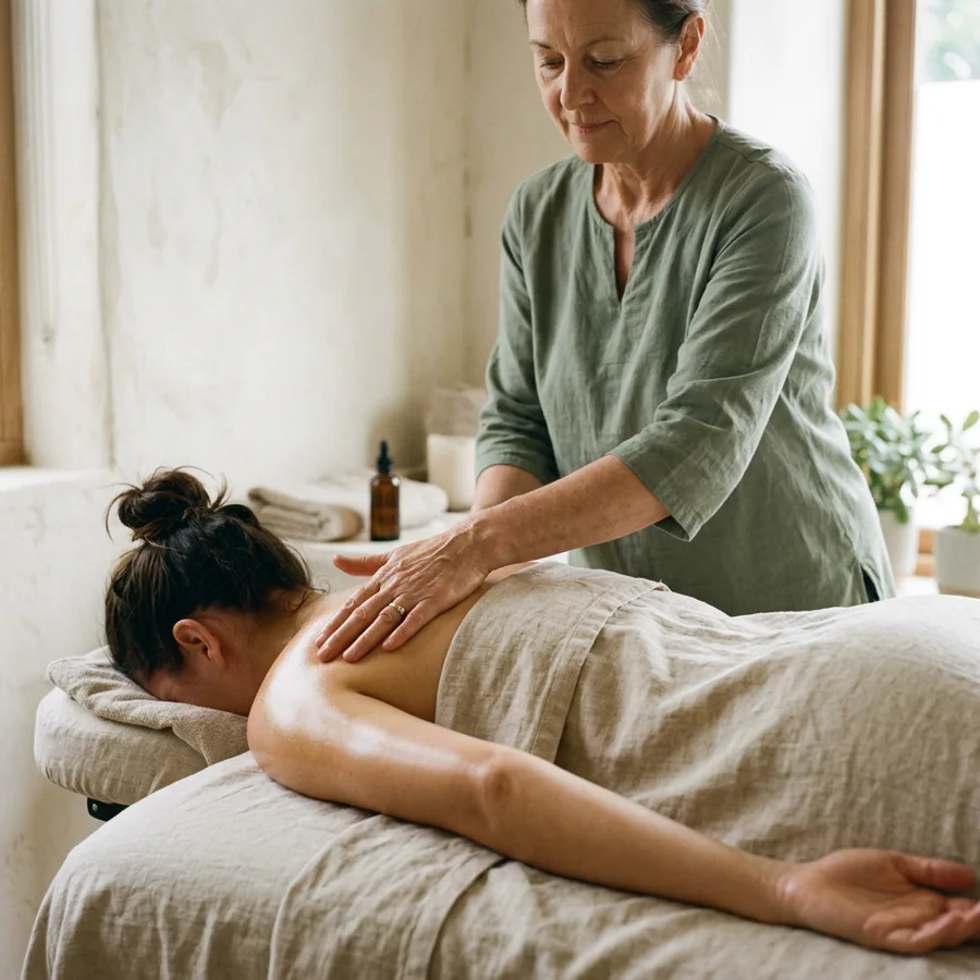 Long, flowing forearm strokes travelling the length of a guest's back